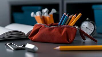 A vibrant pencil case filled with colorful pencils on a study desk with a clock and notebook photo