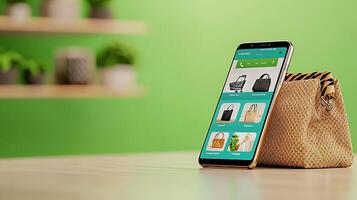 Smartphone displaying shopping app with bags on a table in a vibrant green setting photo