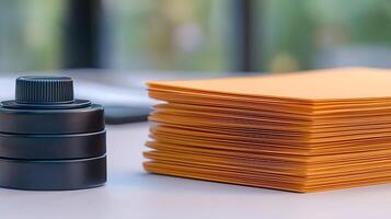 Stack of orange envelopes next to a black container on a table with blurred background photo