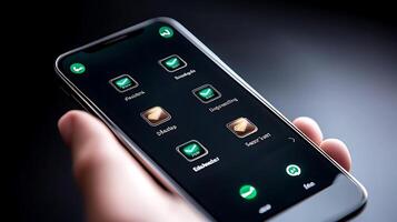 A hand holding a smartphone displaying various app icons in a dimly lit environment photo