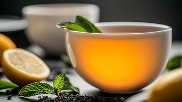 A serene tea setup featuring a warm cup of tea with lemon and mint, set on a minimalist table photo