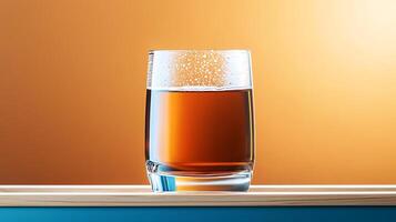 A close-up view of a glass filled with amber liquid on a wooden surface against a warm gradient background photo