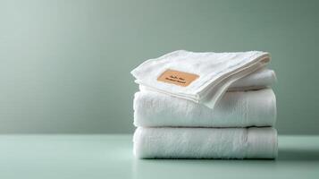 Stacked white towels on a soft green surface with a label, creating a serene bathroom atmosphere photo
