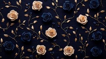 Elegant arrangement of navy and cream roses with golden leaves on a dark fabric background photo