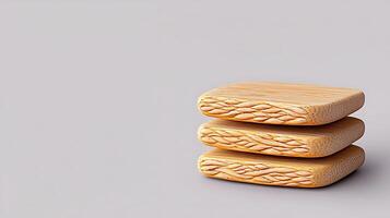 Three intricately designed wooden coasters stacked on a minimalist background, showcasing craftsmanship photo