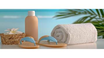Relaxing beach scene with a towel, lotion, and flip-flops beside a tropical backdrop photo