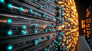 Close-up view of illuminated server racks showcasing data storage technology in action photo