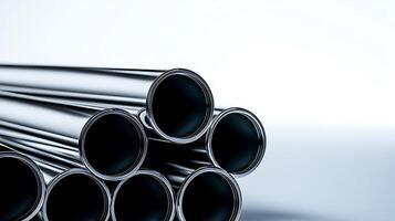 Close-up view of stacked metallic pipes with smooth surfaces against a minimalist background photo