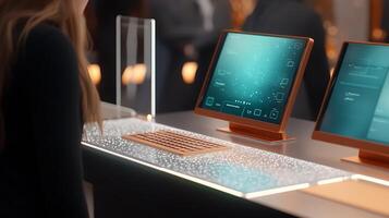 Modern workspace showcasing sleek technology with interactive screens and a vibrant atmosphere photo