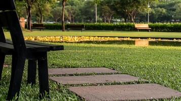 Tranquil park scene featuring stone path leading to a serene pond with benches in the background photo
