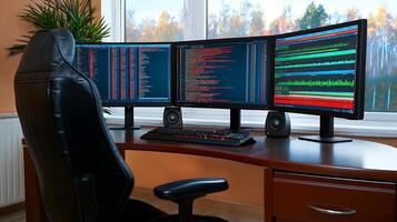 A modern workspace featuring three monitors displaying colorful data analysis, with a cozy atmosphere photo