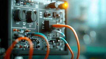 Close-up of intricate electronic equipment with colorful wires, showcasing technology in action photo