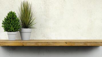 Two potted plants on a wooden shelf against a textured beige wall, creating a serene atmosphere photo