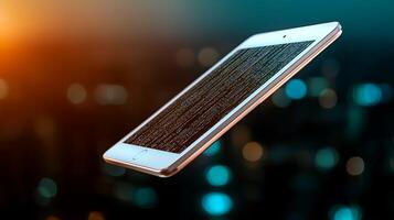 A smartphone floating against a blurred cityscape background, showcasing digital data streaming photo