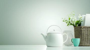 Serene tea setup with a white teapot, green cup, and floral arrangement in a minimalist space photo