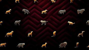 Pattern of stylized animal silhouettes on a dark chevron background, creating a vibrant design photo