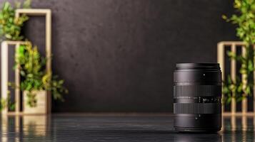 Professional camera lens positioned on a reflective surface with greenery in modern interior setting photo