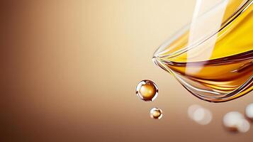 Close-up of amber liquid gracefully dripping from a glass surface, set against a soft gradient background photo