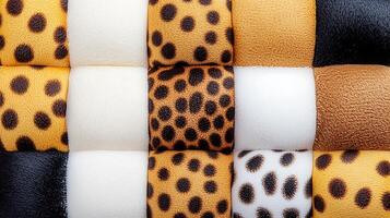 Close-up view of textured fabric swatches showcasing various animal print patterns and colors photo