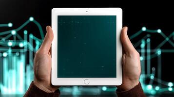 Person holding a tablet with a digital interface in a modern tech environment photo