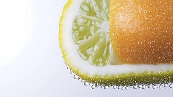 Close-up of a refreshing lemon slice submerged in sparkling water with bubbles forming around it photo