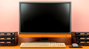 Vintage computer setup featuring a monitor, keyboard, and storage devices against a pastel background photo