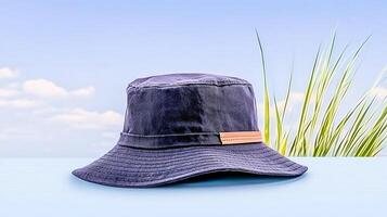 Stylish blue bucket hat placed on a light surface with a soft sky and grass background photo