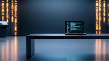 A sleek laptop displaying code on a modern table in a dimly lit, tech-inspired environment photo