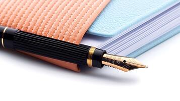 Close-up of a luxurious fountain pen resting on a textured notebook with soft pastel colors photo