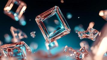 Abstract representation of floating crystalline structures in a vibrant blue and pink background photo