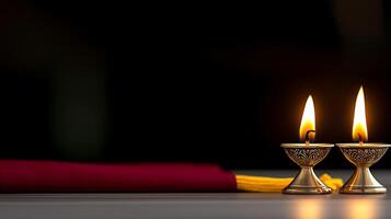 Two lit oil lamps on a table with a maroon cloth, creating a warm ambiance in a dark setting photo