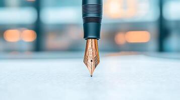 Close-up of a fountain pen's nib poised above a blank page in a softly blurred office setting photo