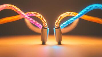 Colorful electric cables intertwining with glowing ends, set against a softly lit background photo