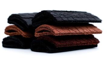 Stacked textured leather swatches in rich colors showcasing intricate patterns and details photo