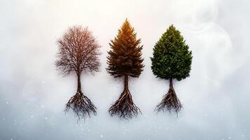 Three trees representing seasonal changes, with roots visible, set against a misty background photo