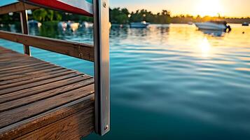 Serene lakeside view at sunset with dock, boats, and shimmering water reflections photo