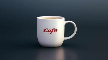 A close-up of a white coffee mug with a warm beverage, set against a dark background photo