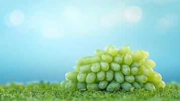 A cluster of fresh green grapes resting on a grassy surface under a soft blue background photo