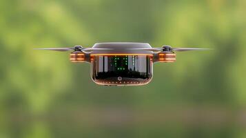 A sleek drone hovering in a lush green environment, capturing aerial footage of nature photo