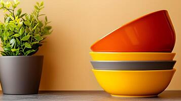 Stacked colorful bowls beside a potted plant on a countertop against a warm backdrop photo