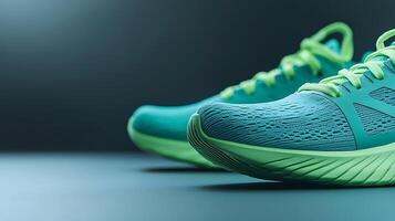 Close-up view of vibrant teal running shoes on a smooth surface with soft lighting photo