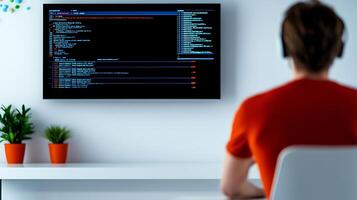 Person working on a computer with coding on the screen, indoor workspace with plants photo