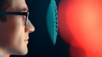 Profile of a man with glasses interacting with a digital interface in a blurred background photo