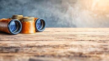 Vintage binoculars resting on a rustic wooden table with a blurred background and soft lighting photo