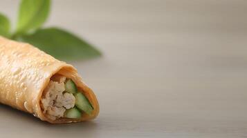 Close-up of a crispy rolled snack filled with chicken and cucumber on a neutral background photo