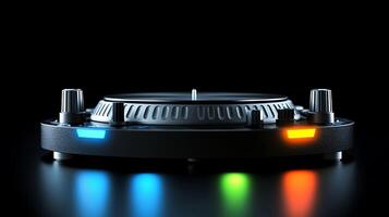 Close-up view of a modern DJ turntable with illuminated buttons on a black background photo