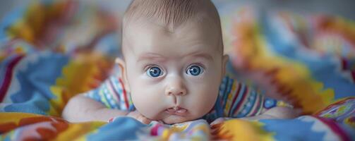 A baby laying on a colorful blanket photo