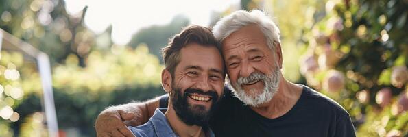 Two men are smiling and hugging in the garden photo