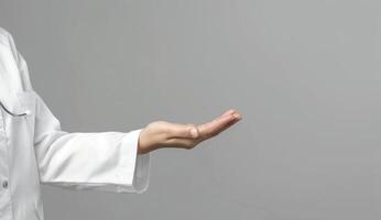 A doctor is holding something out in front of him photo