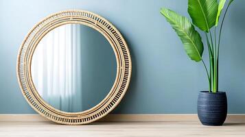Stylish round mirror reflecting light in a modern room with a potted plant beside it photo